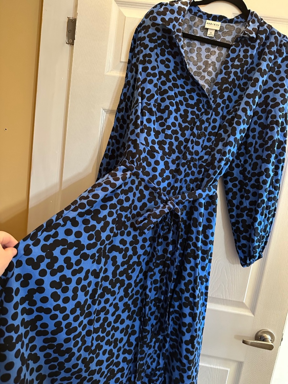 Ava & Viv Blue Black Polka Dot Faux Wrap Midi Dress 2X Belted Button Front